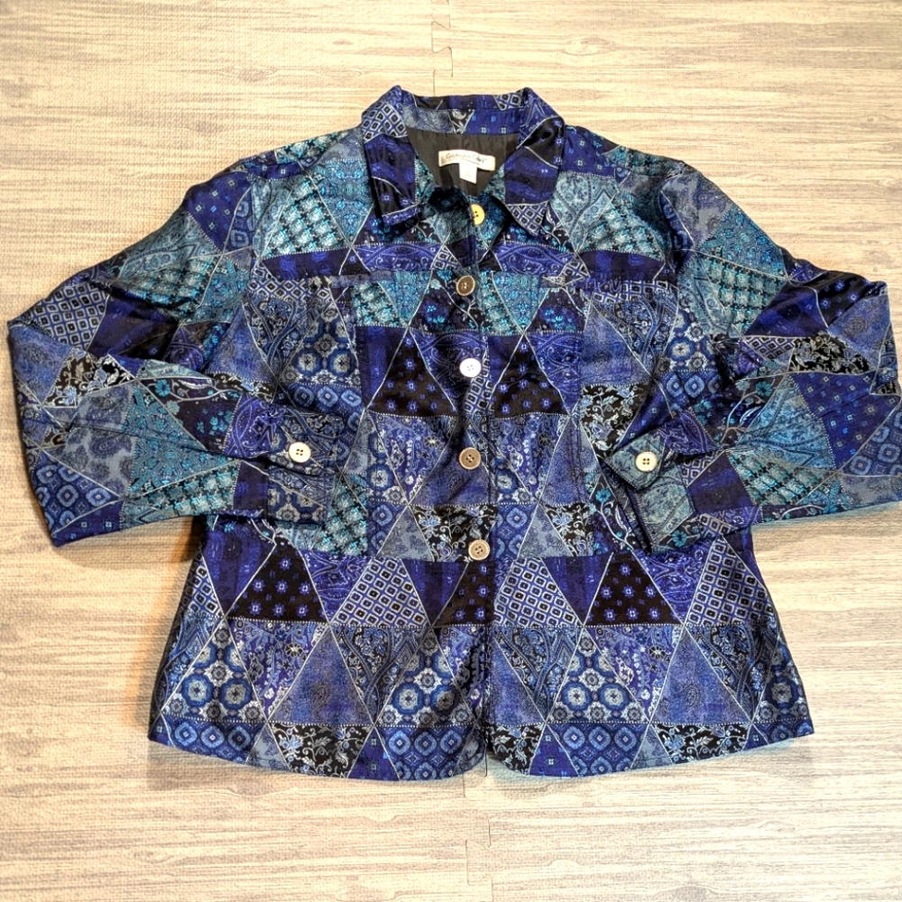 Coldwater Creek Blue Patchwork Pattern Jacket/Bla… - image 4